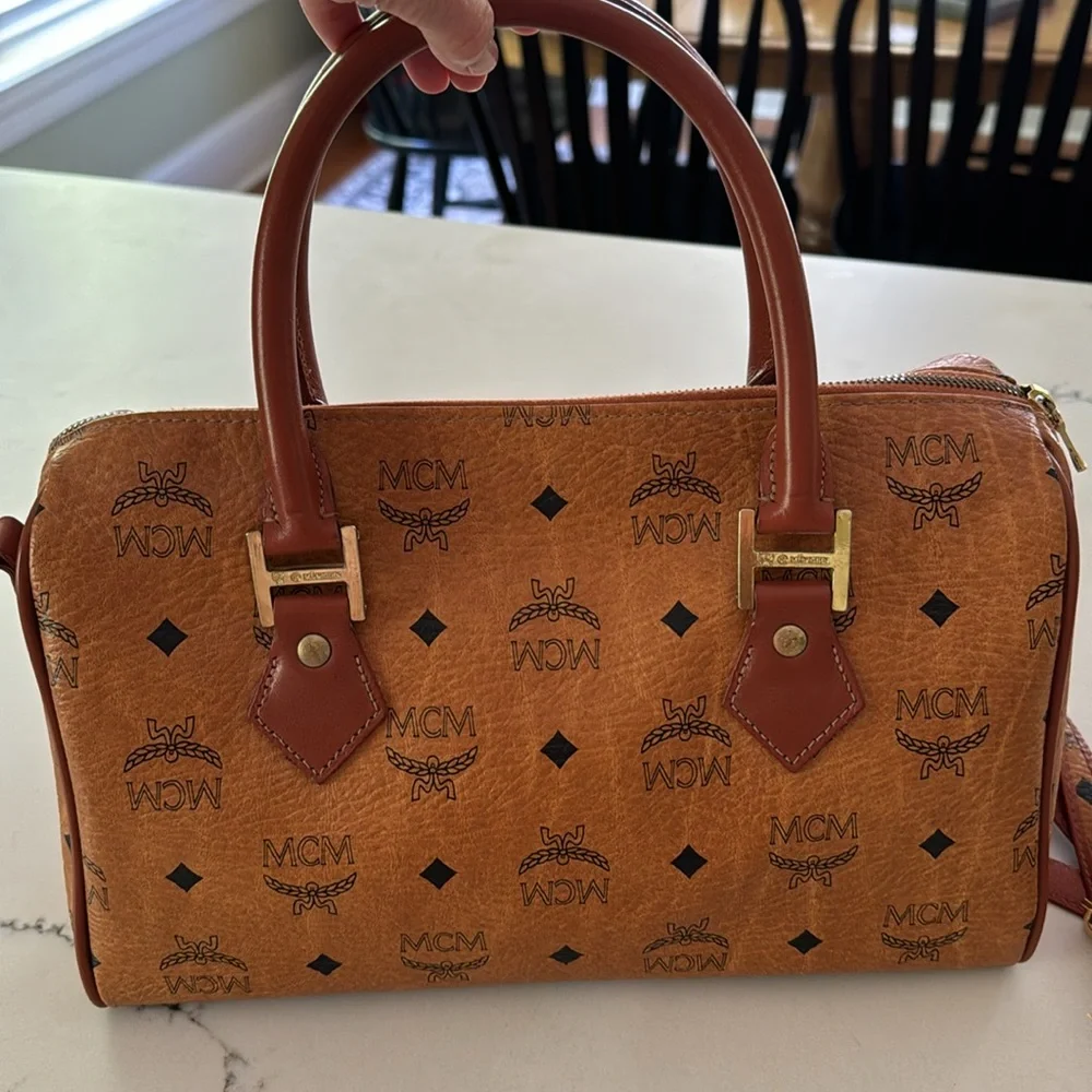 MCM Cognac Brown Visetos Monogram Satchel with Gold Hardware